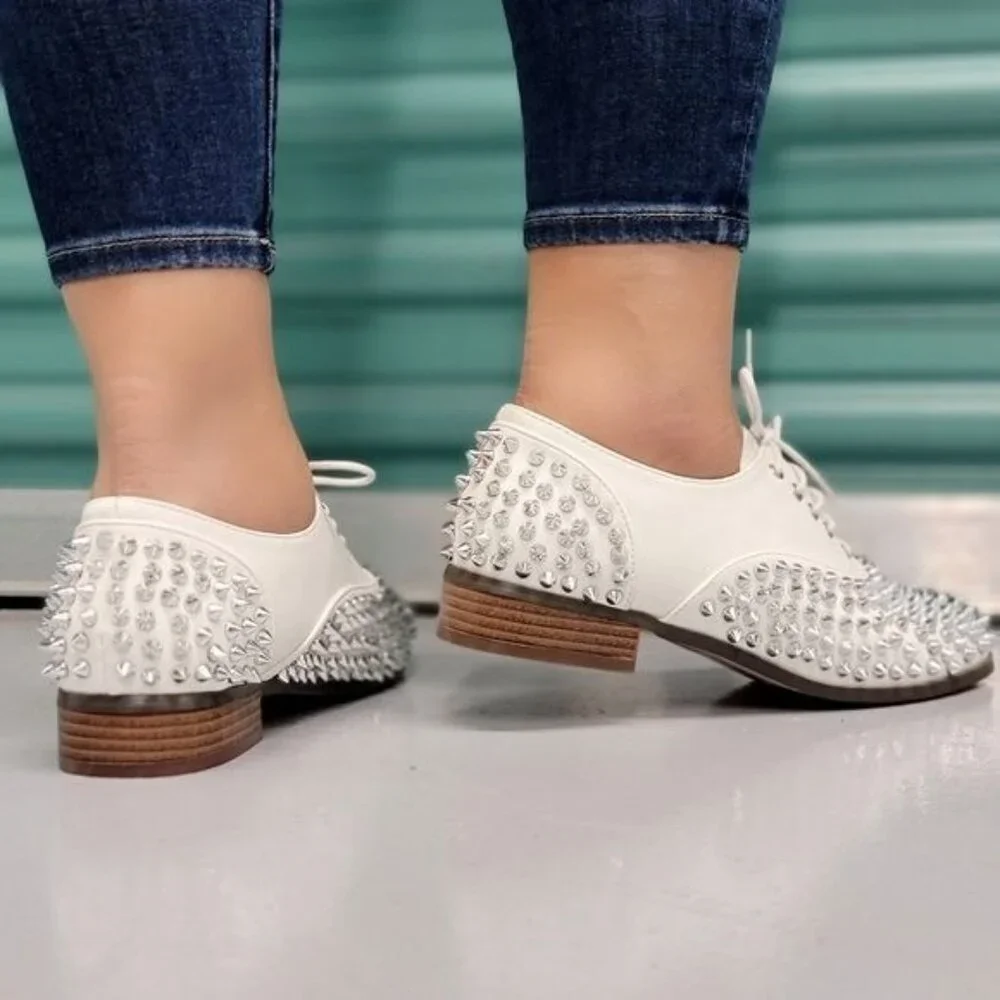 Women's White Silver Studded Lace Up Flat Oxford Shoes